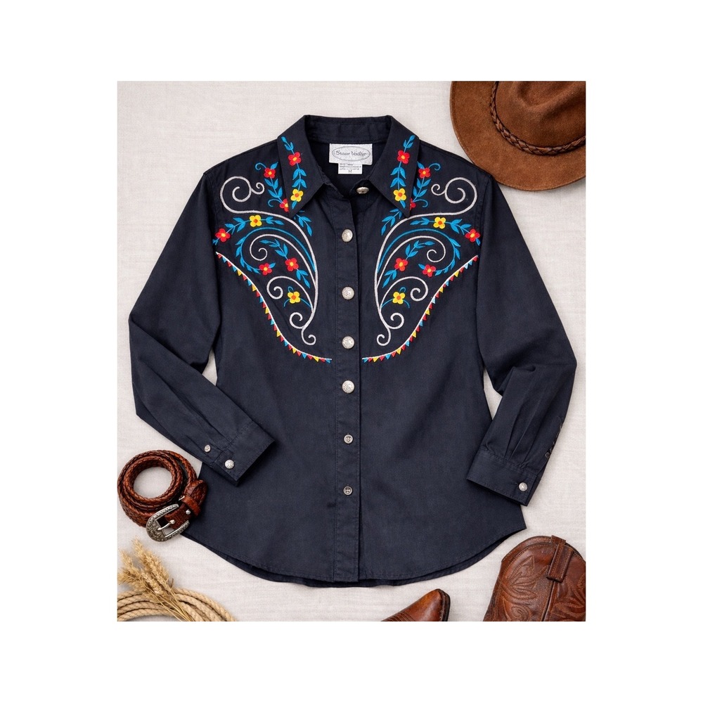 Stonebridge Womens 1X Black Embroidered Western Shirt Concho Buttons Floral 2983